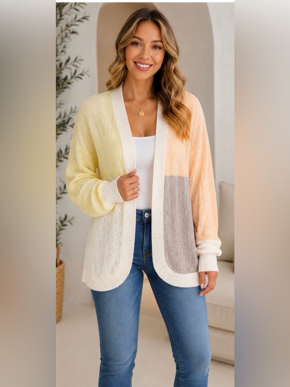 NWT Hem & Thread Colorblock Open Front Cable Knit Cardigan Sweater Small